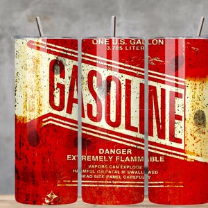 May include: A red and white tumbler with a vintage gasoline can design. The tumbler features the word "GASOLINE" in large white letters, with the text "ONE U.S. GALLON 3.785 LITER" at the top. The tumbler also has a warning label.