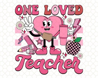 One Loved Teacher Valentine Png, Candy Heart Tumbler Belt Bag Valentine Png, Retro Teacher Love Png, Teacher Gift Design Png