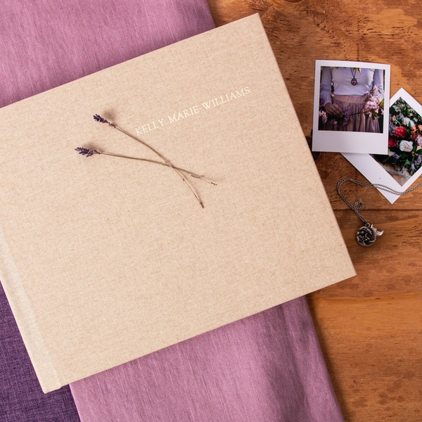 Fuji Instax Guest Book | Dark Vanilla linen | Cream Emboss | Personalized Guest Book | Lay Flat Fuji Instax