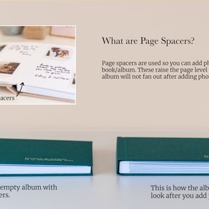 May include: Two green hardcover albums, one empty and one with added photos, demonstrating the use of page spacers. The image includes a close-up showing the spacers and text explaining their function in a photo album.