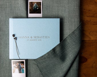 Sky Blue Linen Wedding Lay Flat Guest Book | Gold Lettering | Gold emboss | Lay flat Instax Polaroid Guest Book