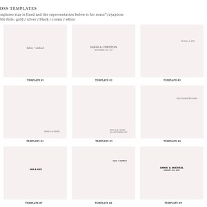 May include: Nine embossed template designs with names and dates, in a grid layout. The templates are for 10x12 inch (25x30cm) designs. Available foil colors are gold, silver, black, cream, and white. The text includes names like Kelsey & Michael and Sarah & Christian.