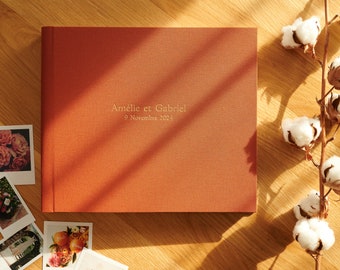 Orange Wedding Guest Book and Album with gold lettering | Burnt Orange natural linen personalized cover