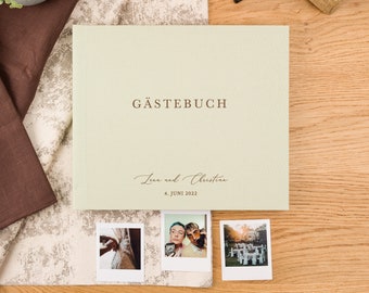 Spring Green Wedding Guest Book and Brown ink personalization | Lay Flat Photo Guest Book