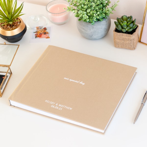 Polaroid Lay Flat Guest Book | Tan linen | Foil Emboss | Personalized Guest Book | Lay Flat Fuji Instax mini