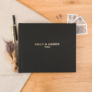 Black Linen Guest Book | Photo booth pictures | Classic Guest Book for Polaroid photos or Fuji Instax | Black Onyx Linen