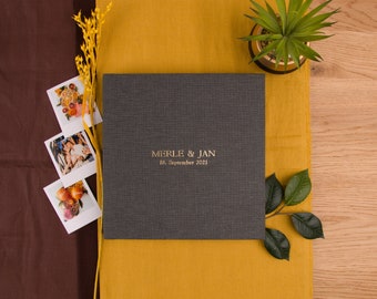 Linen wedding lay flat guest book in Charcoal linen | Gold Lettering | Gold emboss