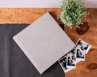 Light Gray Guest Book | Gray linen | Foil Emboss | Personalized Cover Guest Book | Lay Flat Fuji Instax and Polaroid