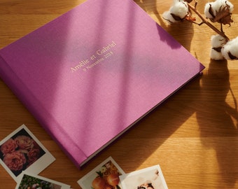 Pink Wedding Guest Book and Album with gold lettering | Tulip Pink natural linen personalized cover