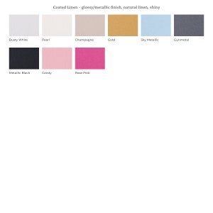 May include: A color palette of coated linen with a glossy/metallic finish. The image displays swatches in various colors, including Dusty White, Pearl, Champagne, Gold, Sky Metallic, Gunmetal, Metallic Black, Candy, and Rose Pink. The text indicates a natural linen base.