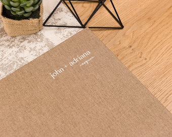 Elegant Wedding Guest Book in Brown linen and white ink | Lay Flat Premium books