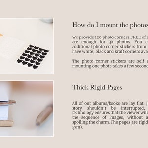 May include: The image shows three sets of photo corner stickers in beige, white, and black. The text explains how to mount photos and describes the thick, rigid pages of an album. The pages are 700 gsm.