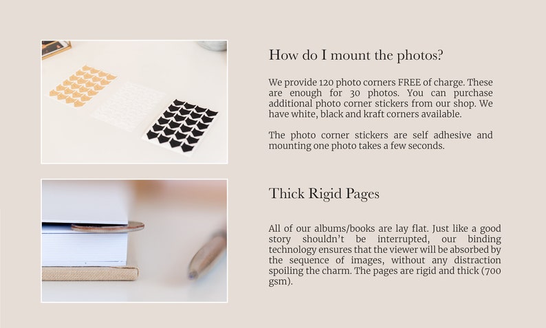 May include: The image shows three sets of photo corner stickers in beige, white, and black. The text explains how to mount photos and describes the thick, rigid pages of an album. The pages are 700 gsm.
