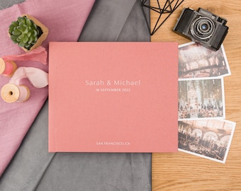 Classic Guest Book in Blush linen and white ink lettering | Lay Flat Linen Wedding Guest Book | Works with any Fuji Instax or Polaroids