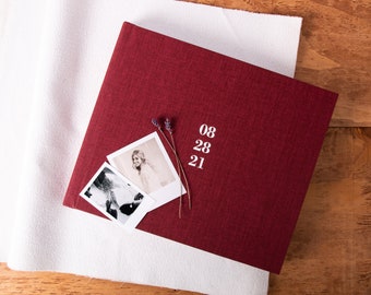 Red linen lay flat guest book | Gold Lettering | Gold emboss | Ruby linen | Lay flat Instax Guest Book