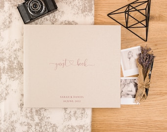 Modern Guest Book in Champagne linen and rose ink lettering | Lay Flat Instax Guest Book