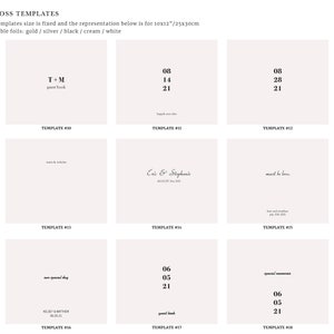 May include: A grid of wedding invitation templates with various text layouts and dates. The templates are in a light beige color, with black text. The text includes names, dates, and phrases like "guest book" and "happily ever after."