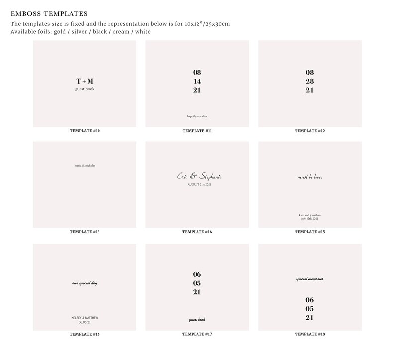 May include: A grid of wedding invitation templates with various text layouts and dates. The templates are in a light beige color, with black text. The text includes names, dates, and phrases like "guest book" and "happily ever after."