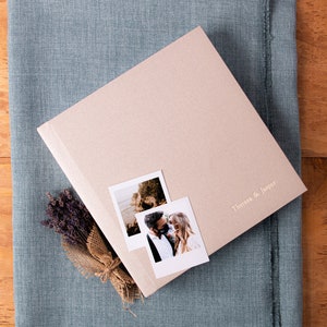 Champagne linen lay flat guest book | Gold Lettering | Gold emboss | Deluxe linen | Lay flat Instax Polaroid Guest Book