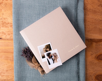 Champagne linen lay flat guest book | Gold Lettering | Gold emboss | Deluxe linen | Lay flat Instax Polaroid Guest Book