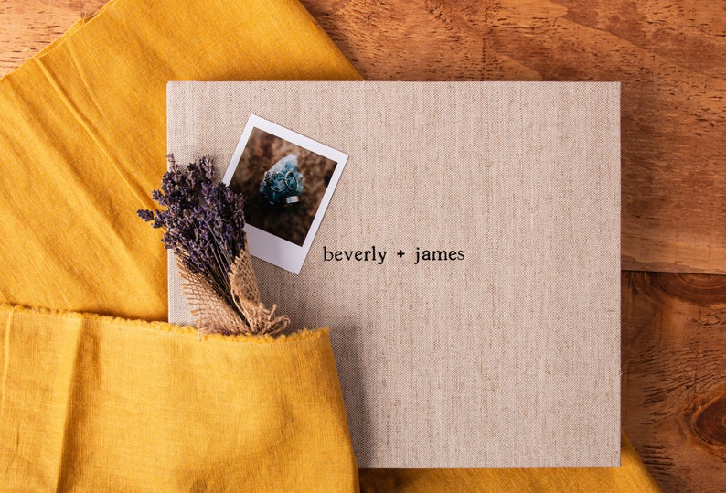 Fuji Instax Guest Book | Oatmeal linen | Black Emboss | Personalized Guest Book | Lay Flat Fuji Instax 