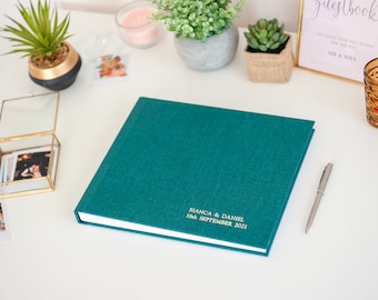 Teal Guest Book | Teal linen | Cream Emboss | Personalized Guest Book | Lay Flat Fuji Instax