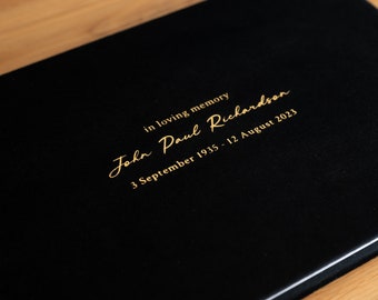 Remembrance Guestbook in Black Velvet and Gold Foil | Lay Flat Handcrafted Guestbook | Personalized Cover