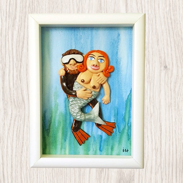 Fishing in Key West 3d wall decor, 3D  polymer clay art, shadow box, framed art, mermaid decor