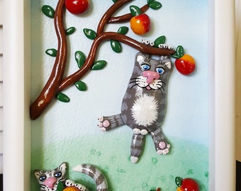Cadeau amoureux du chat, décoration intérieure en argile polymère 3D, sculpture en argile murale, art 3D encadré, cadeau fait à la main, boîte d’ombre, animal en argile