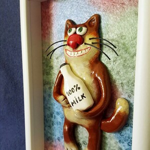 Décoration murale drôle de chat, art d'argile de polymère 3D, cadeau d'amant de chat, sculpture d'argile de mur, boîte d'ombre, cadeau de servante, art encadré, animal d'argile image 3