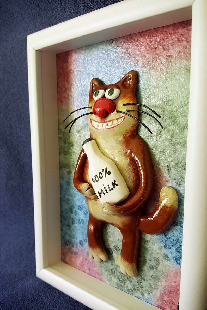 Décoration murale drôle de chat, art d'argile de polymère 3D, cadeau d'amant de chat, sculpture d'argile de mur, boîte d'ombre, cadeau de servante, art encadré, animal d'argile image 3