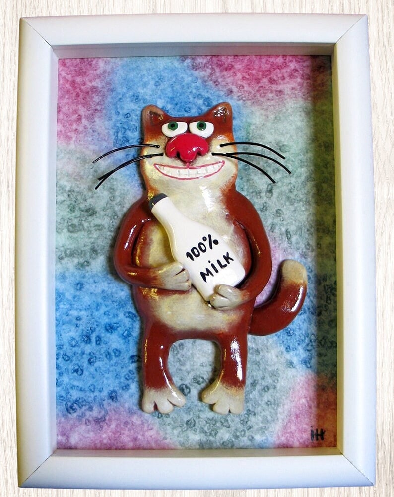 Décoration murale drôle de chat, art d'argile de polymère 3D, cadeau d'amant de chat, sculpture d'argile de mur, boîte d'ombre, cadeau de servante, art encadré, animal d'argile image 1