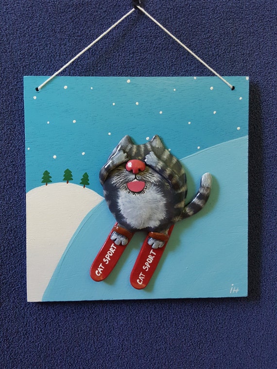 Skiing Cat Wall Decor 3d Polymer Clay Art Sculpture Image 0