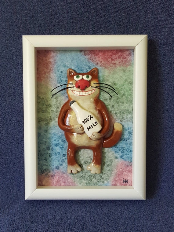 Funny Cat Wall Decor 3d Polymer Clay Art Lover Gift Image 0