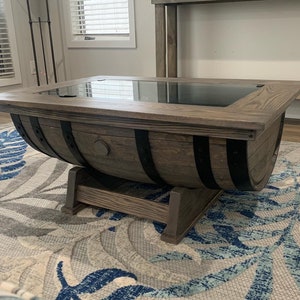 Whiskey Barrel Coffee Table with Bottle storage image 1