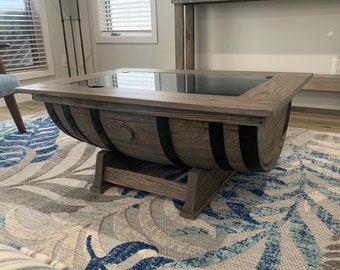 Whiskey Barrel Coffee Table with Bottle storage