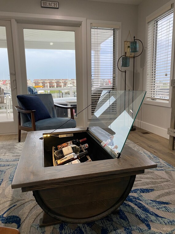 Whiskey barrel coffee table with storage deals