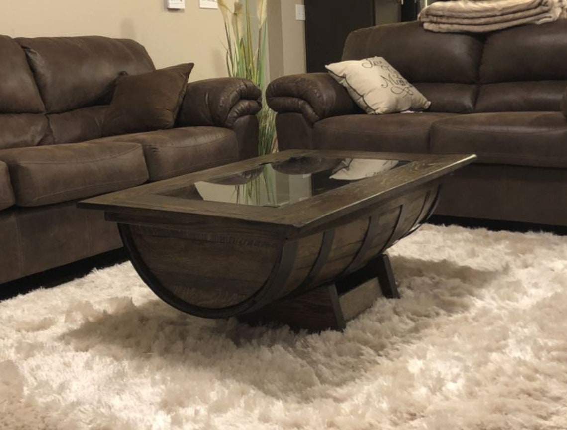 Whiskey Barrel Coffee Table With Bottle Storage Etsy