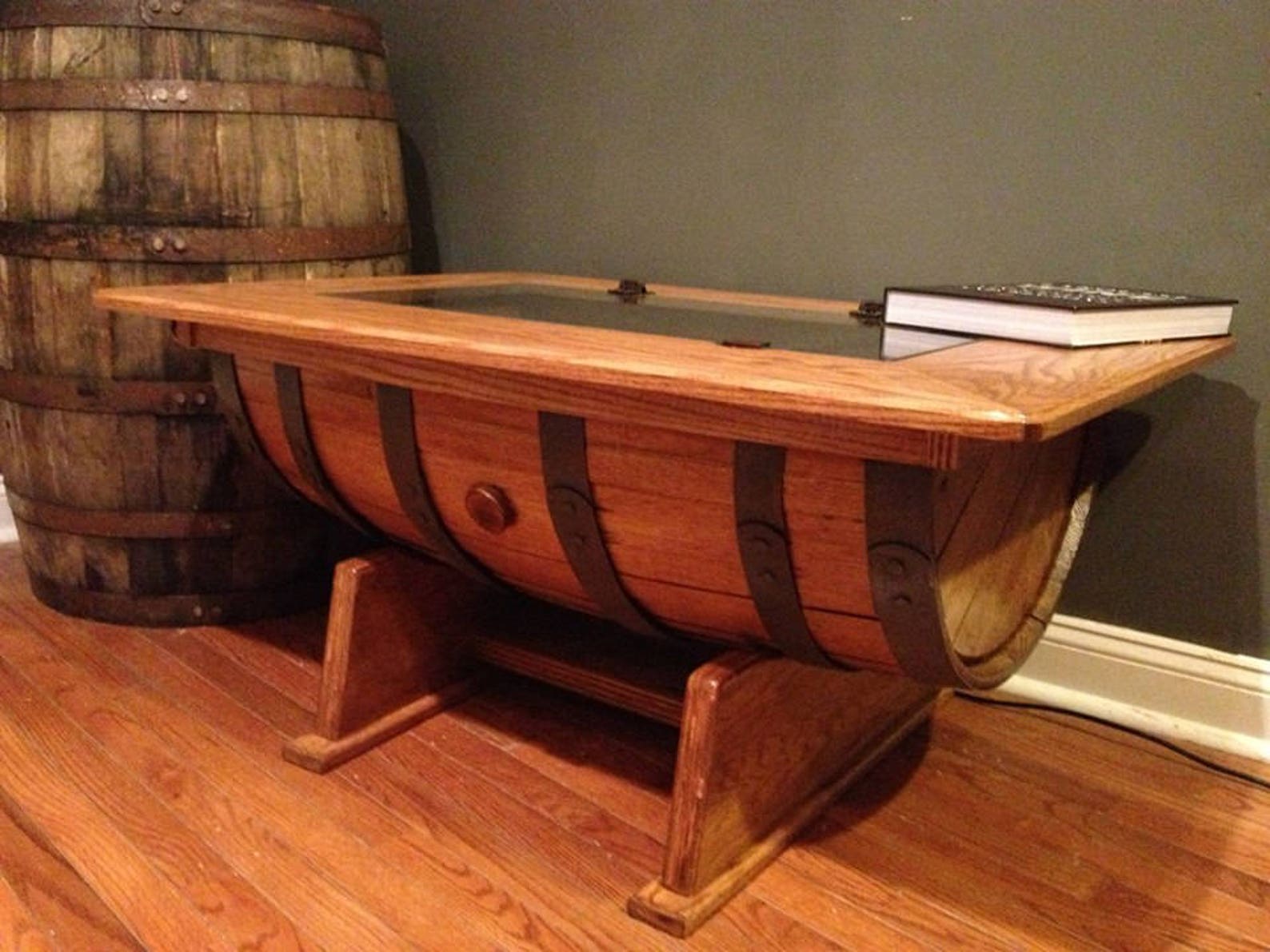 Whiskey Barrel Coffee Table With Bottle Storage Etsy