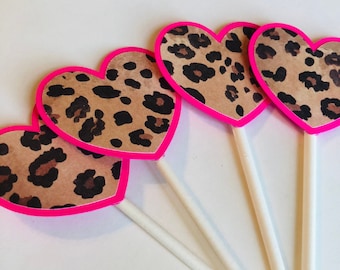 Hot pink leopard heart cupcake toppers, pink leopard toppers, leopard toppers, cheetah toppers, leopard picks, leopard birthday, leopard