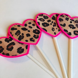 Hot pink leopard heart cupcake toppers, pink leopard toppers, leopard toppers, cheetah toppers, leopard picks, leopard birthday, leopard