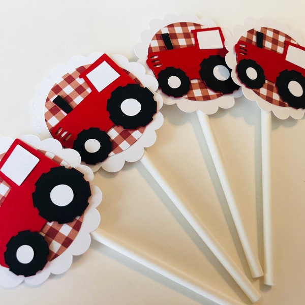 Red gingham tractor toppers, red tractor toppers, red tractor, tractor birthday, barnyard toppers, tractor toppers, tractor decor, tractor