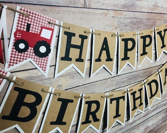 Gingham Red tractor Happy birthday banner, red tractor banner, tractor banner, barnyard banner, tractor birthday, tractor decor, tractor
