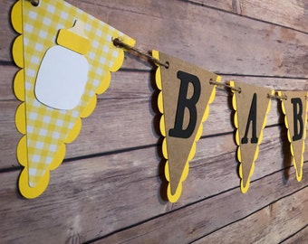 Yellow gingham baby banner, yellow gingham baby q banner, baby banner, baby q banner, picnic banner, bbq banner, baby bottle banner, baby