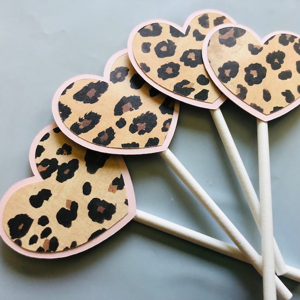 Leopard heart toppers, leopard cupcake toppers, heart cupcake toppers, heart toppers, leopard toppers, cheetah toppers, leopard, heart