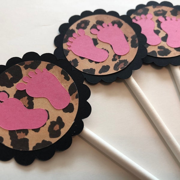 Leopard baby feet cupcake toppers, leopard baby toppers, leopard toppers, baby feet toppers, baby shower toppers, leopard baby shower topper