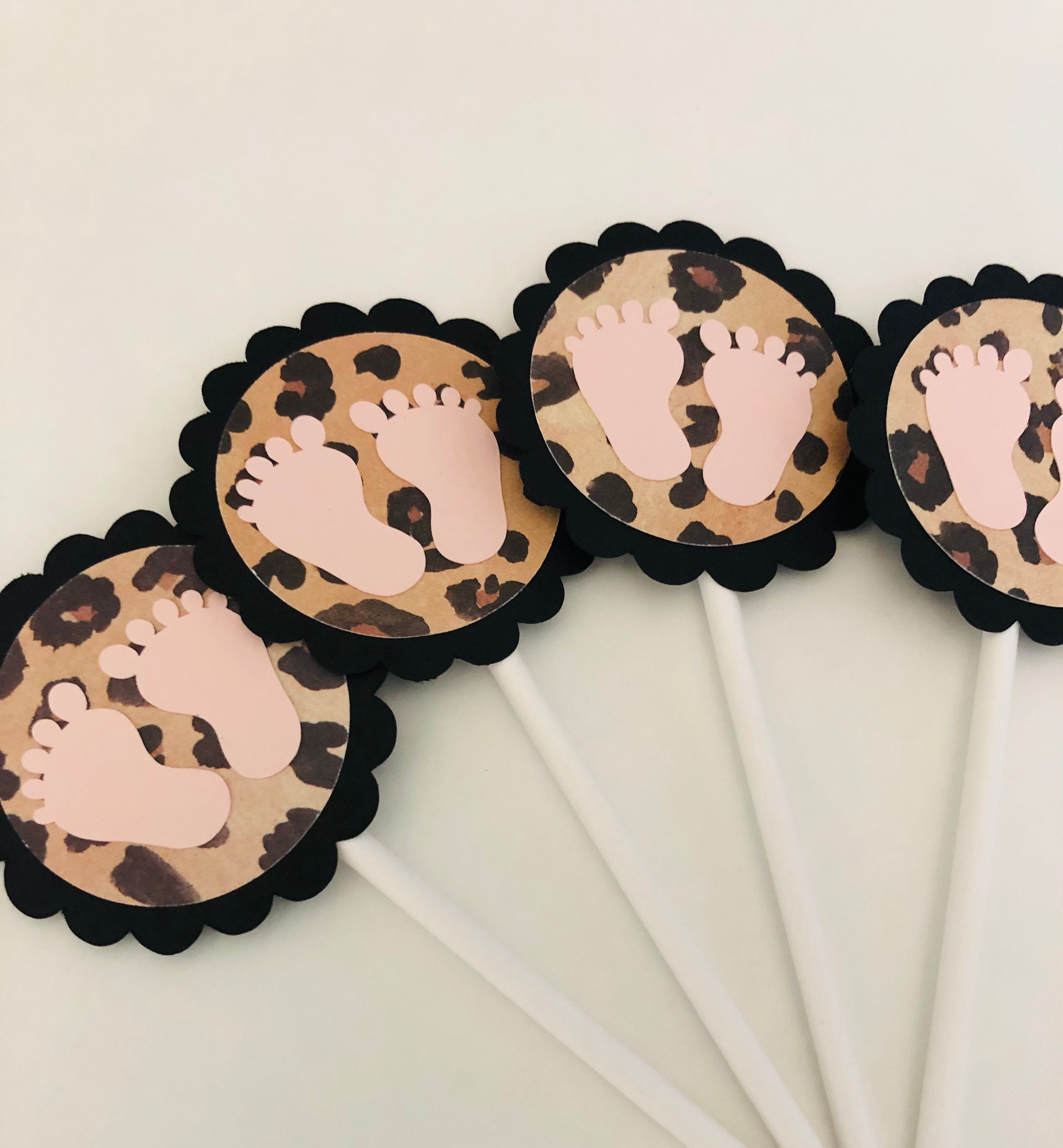 Leopard cupcake toppers, cheetah cupcake toppers, leopard toppers, leopard shower, leopard baby shower, baby feet toppers, baby feet picks