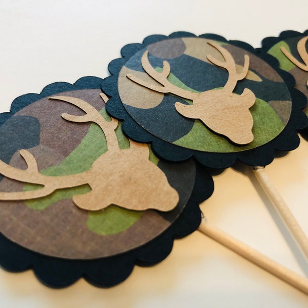 Camo Deer Cupcake Toppers, camo toppers, rustic toppers, woodland toppers, deer toppers, camo, camo party, camo decor, deer party, rustic