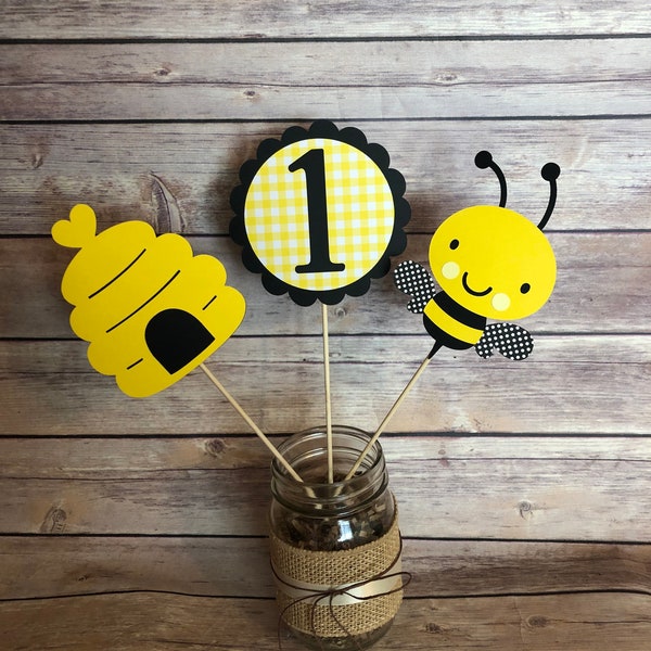 Bee centerpieces, bee toppers, bee decor, bee sticks, bee hive toppers, bee day, bee day birthday, bee party, bee banner, gingham bee topper