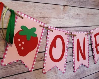 Gingham Strawberry High Chair Banner, strawberry banner, strawberry one banner, fruit banner, strawberry party, strawberry theme, strawberry